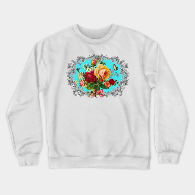 Luxury Roses & Scrolls Center piece in Turquoise Background. Crewneck Sweatshirt by LizzyizzyDesign